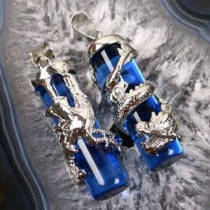 1PAIR) Blue Crystal Glass Dragon Phoenix Column PENDANT [1 PAIR (With 