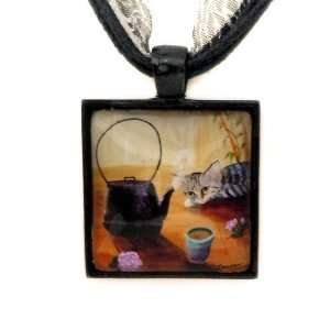  Gray Tabby Cat with Teapot Handmade Fine Art Pendant 