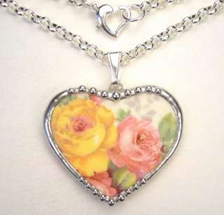 VINTAGE PINK YELLOW ROSES NECKLACE BROKEN CHINA JEWELRY  