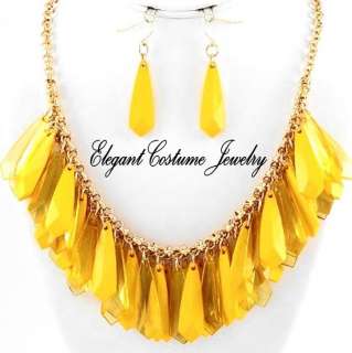 FUN YELLOW & Gold Single Row Cluster Prism Necklace Set Chunky Costume 