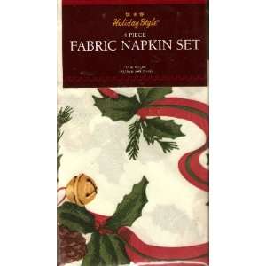   Christmas Bows and Holly 4 Piece Fabric Napkin Set 