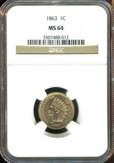 1863 NGC MS 64 INDIAN HEAD CENT 1C AC80  