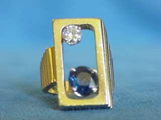 Heavy Vintage Sapphire Diamond 14Kt Gold Modernist Abstract Ring 