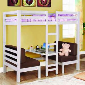 WHITE WOOD CONVERTIBLE TWIN OVER TABLE BENCH BUNK BED  