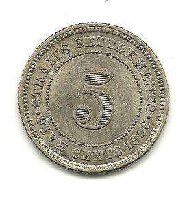 NICELY DETAILED HIGH END 1926 BU STRAITS SETTLEMENTS 5 CENTS!! D213 