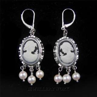 Pearl Cameo Agate Sterling Silver leverback Earrings  