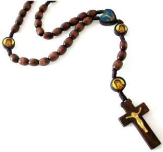 Catholic Wooden Rosary Prayer Beads Cord Cross Necklace  