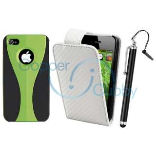 Green/Black 3 Piece Rubberized Case+White Leather Cover+Stylus for 