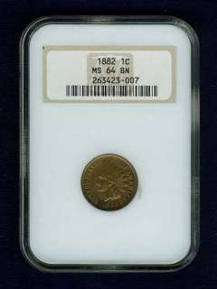   1882   INDIAN HEAD SMALL CENT COIN, MINT STATE, NGC CERTIFIED MS64 BN