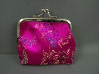 Pink satin chinese brocade coin change purse kiss lock  
