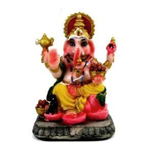 Hindu Deity Ganesh Sitting on Lotus Flower Polyresin Figurine, Full 