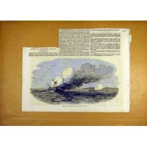  Turkish Ship Of War Fire Eupatoria Old Print 1855