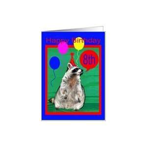  8th Birthday, Raccoon with hat and balloons Card: Toys 