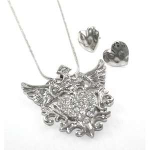  Fancy X Large Heart with Wings and Crown Charm Necklace 