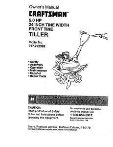 Craftsman Tiller Operation Manual # 917.292392  
