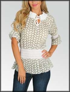 New Olive White Die Cut Peasant Top Blouse S  