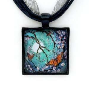   Butterflies in Teal Moonlight Handmade Fine Art Pendant Jewelry