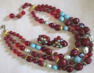 DeMario Blood Red Ruby GLASS Lucite TRIPLE NECKLACE ERS  