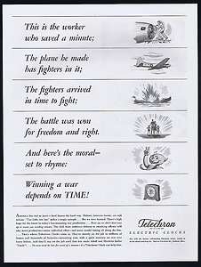 1942 Telechron Electric Clocks WWII Victory Depends Ad  