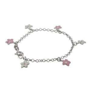    18K White Gold Pink and White Enamel Flower Charm Bracelet Jewelry