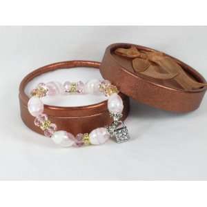  Swarovski Crystal & Pink Lampwork Beads Bracelet 18kgp 