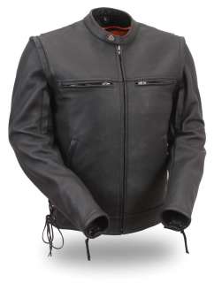   Men Sleek Scooter Zip Off Sleeve Leather Motorcycle Jacket  