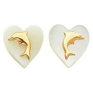    14K Gold Dolphin Mother of Pearl Heart Stud Earrings: Jewelry