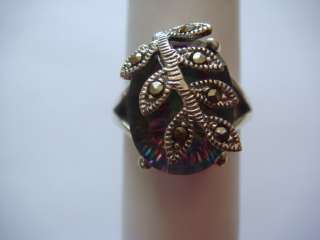   Mystic Topaz Marcasite Ring 925 sz 9,,Milgrain.Leaves Design  