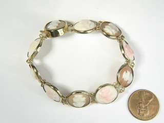   ANTIQUE 9K GOLD SHELL PINK CONCH SHELL CAMEO BRACELET MAIDENS c1900