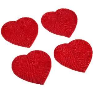 DII Glass Beaded Red Heart Shape Coaster, Set of 4: Home 