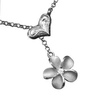   Rhodium Heart Clip Plumeria Lariat Necklace Hawaiian Jewelry Jewelry