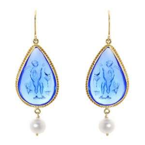   Gold Blue Venetian Cameo with Freshwater Pearls Earrings: Jewelry