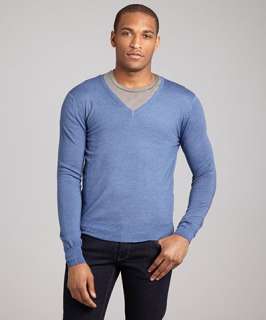 Prada slate blue wool v neck sweater
