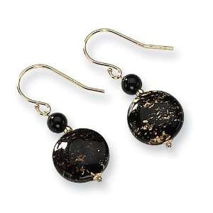    Murano Glass Bead Onyx Wire Earrings in 14k Yellow Gold: Jewelry