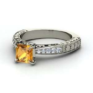    Megan Ring, Princess Citrine Platinum Ring with Diamond: Jewelry