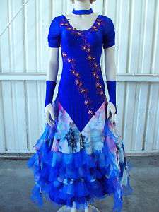 Pink Blue Sleeved Latin Ballroom Dance Dress Costume M  