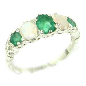 Quality Solid White Gold Natural Emerald & Opal English Victorian Ring 