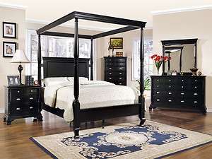   Luxury Black Queen King Poster Canopy 4 Pc Bed Bedroom Set Furniture