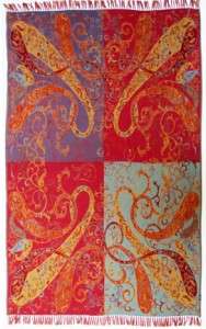 Luxury Paisley Block Merino Wool Throw Blanket Jewel Tones Red Gold 