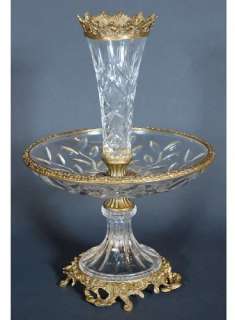 ITALIAN CRYSTAL CENTERPIECE VASE W/ BRASS ACCENTED BOWL  