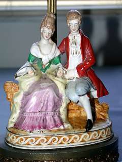   Victorian Couple Porcelain Figurine Lamp On Antique Patina Brass Base