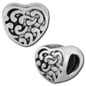  10mm Textured Heart Large Hole Bead   Rhodium Plated 