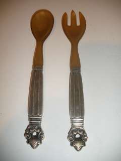 Pair Vintage Georg Jensen Acorn Salad Server Set Spoon Fork Sterling 