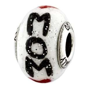 Italian Glass Written Mom Bead with Red Hearts