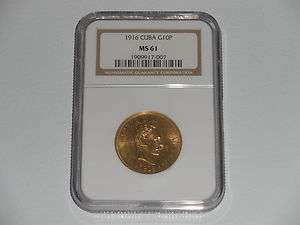 1916 CUBA 10 PESOS GOLD COIN NGC MS 61  