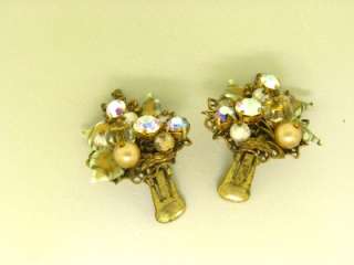   HASKELL ART GLASS BEAD CRYSTAL VINTAGE SILVER CLIP EARRINGS  