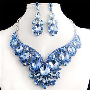 Drop Floral Earring Necklace Set Blue Swarovski Crystal Cluster  