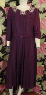 50s Plum rayon Gloria Swanson dress w/fancy neck 40 33 50  