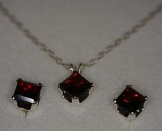 3ct 6mm GARNET EARRING AND PENDANT SET W/ 18 SS CHAIN  