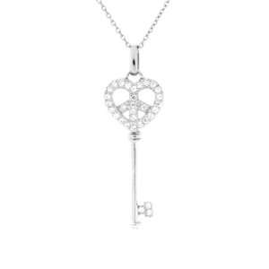   Peace Heart Key Pendant Rhodium Plated Diamond Necklace 925   46mm